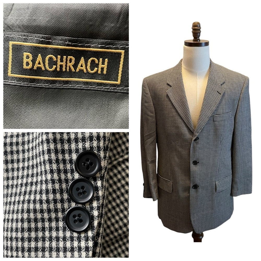 Bachrach Suit Blazer Jacket Sport Coat Black White Size 42R Wool Check Office